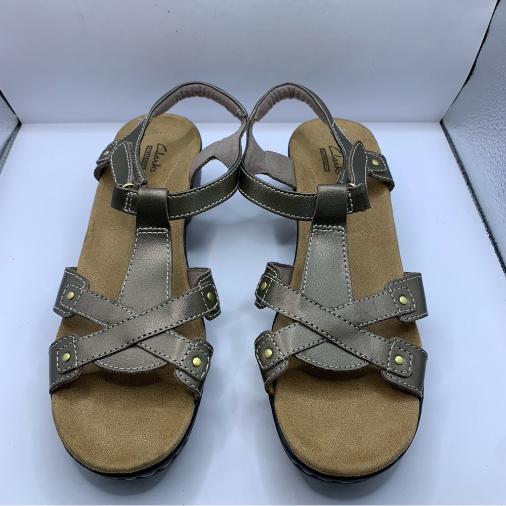 Clarks Metallic Taupe Cross-Strap Slingback Sandals - Picture 1 of 8